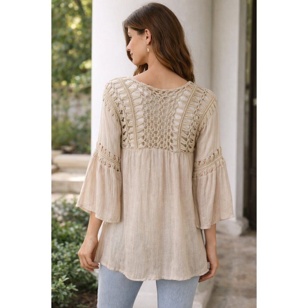 Mystic Prysm Boho Crochet Lace Bell Sleeve Beige Cream Peasant Top Sz M Gauzy - Picture 2 of 9